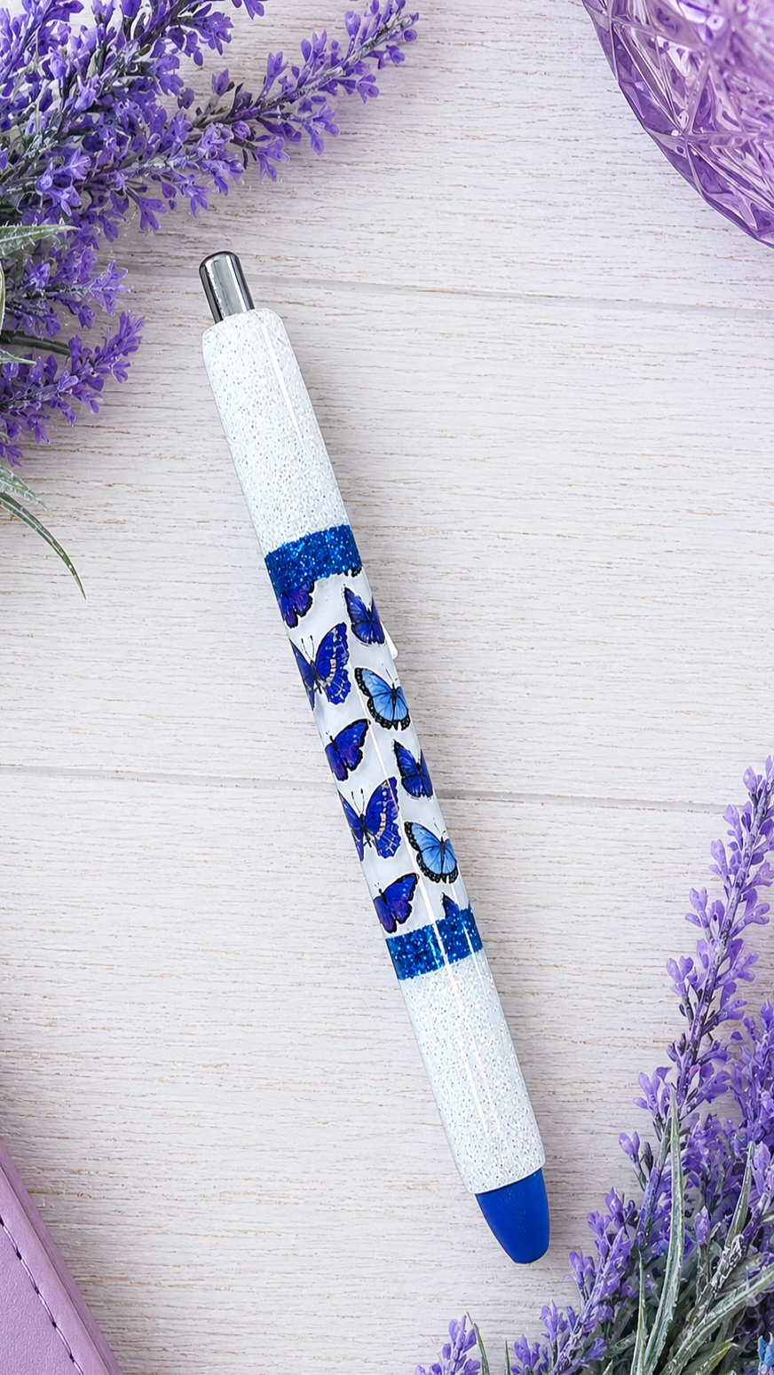 Handmade Blue Butterflies glitter pen with free refill