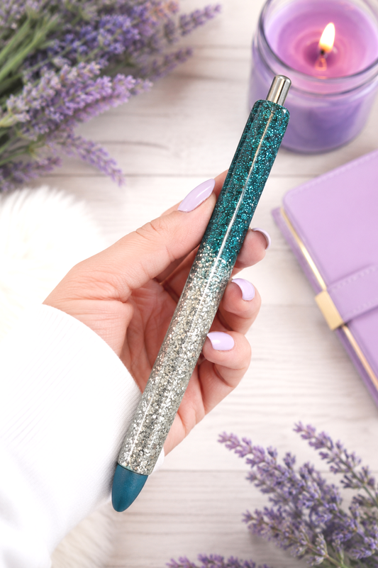 Handmade Dark Teal and Silver Ombre glitter pen with free refill