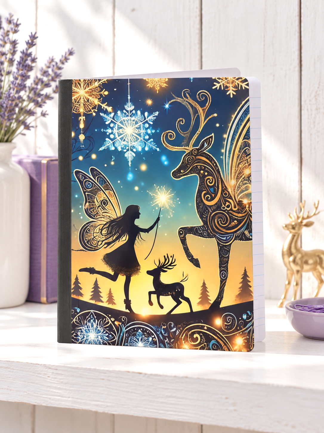 Decorative Vinyl Covered Composition Notebook Fairy and Reindeer