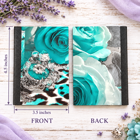 Decorative Vinyl Covered MINIATURE Composition Notebook Aqua Roses