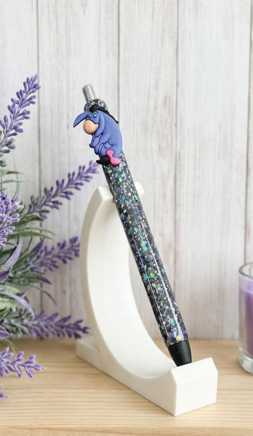 Handmade Eeyore on charcoal glitter pen with free refill