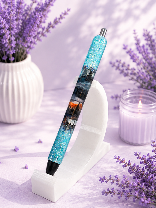 Handmade Blue Peek a Boo Twilight Mountain Scape glitter pen with free refill