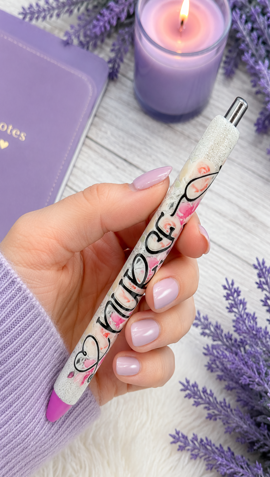 Handmade Nurse pink flowers  glitter pen with free refill