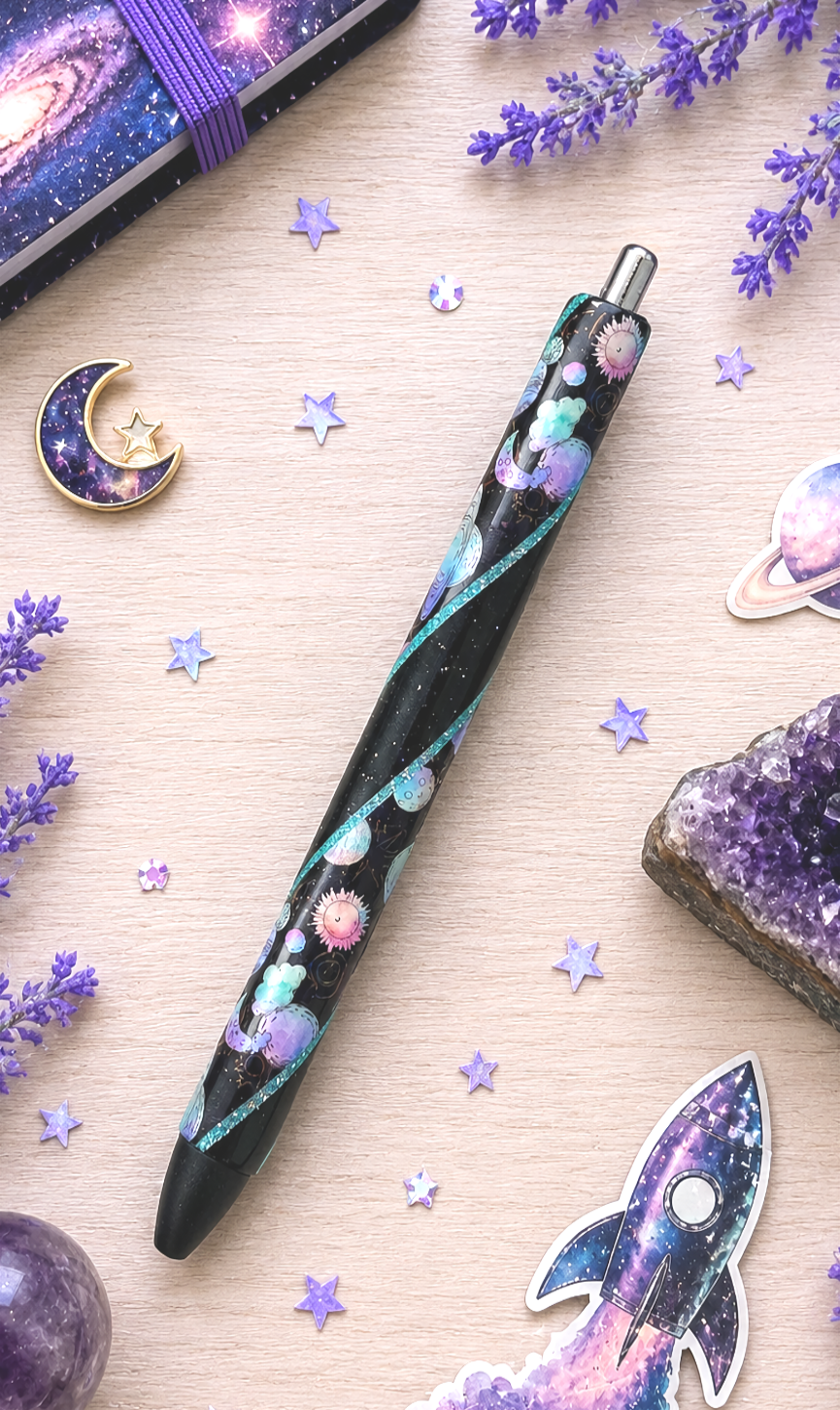 Handmade Galaxy on black glitter pen with free refill