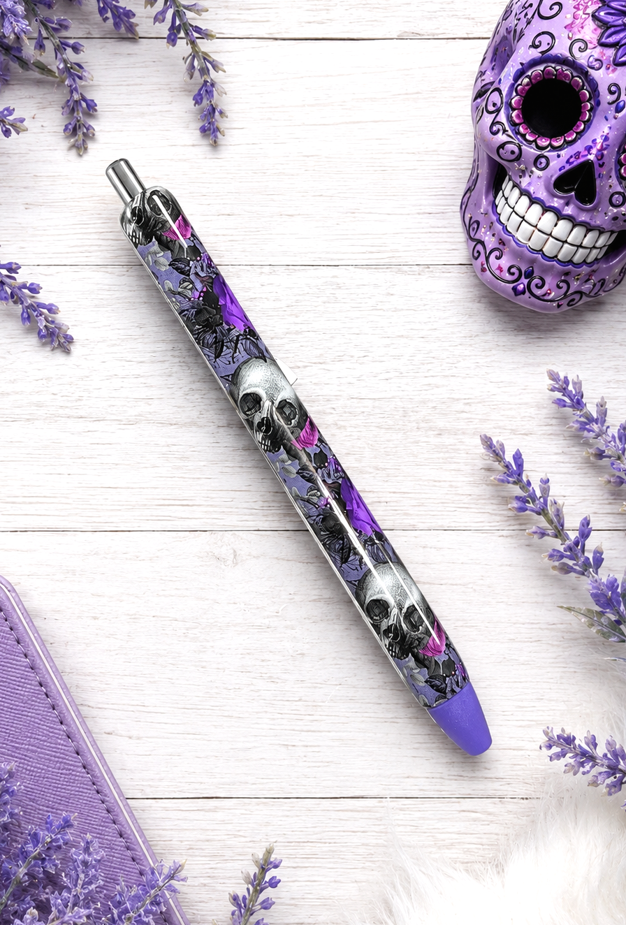 Handmade Halloween Purple Skulls glitter pen with free refill