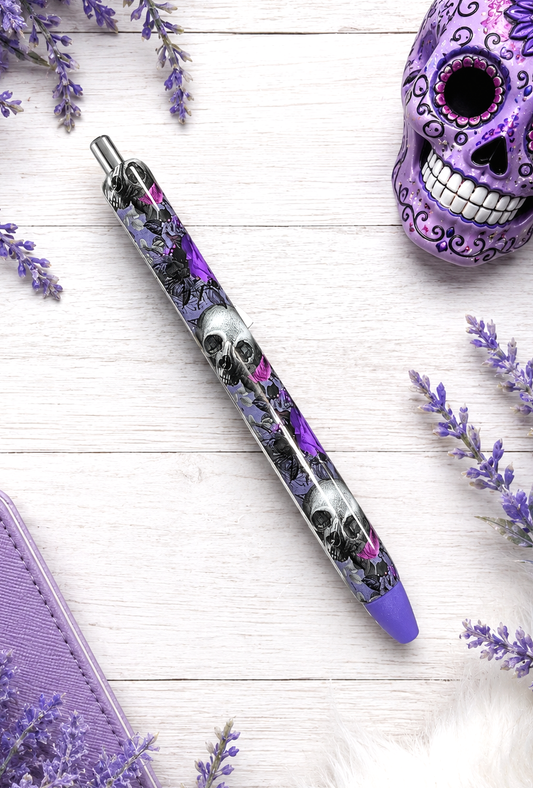 Handmade Halloween Purple Skulls glitter pen with free refill