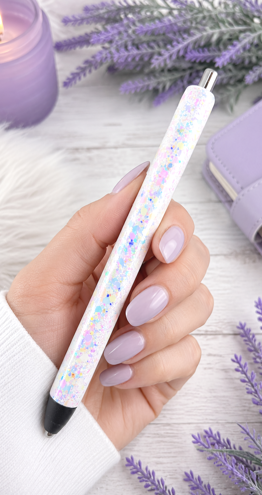 Handmade White Holographic glitter pen with free refill
