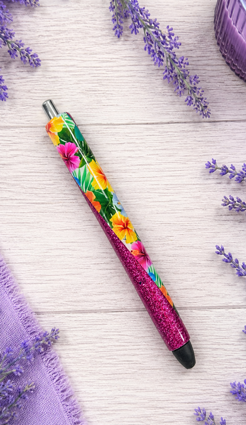 Handmade Hibiscus on dark pink glitter pen with free refill