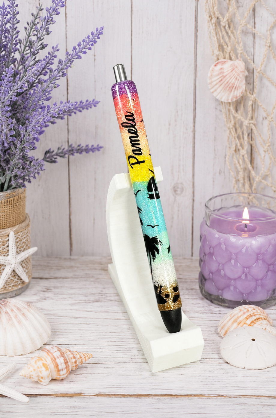 Custom Order Handmade Beach Sunset Scene Glitter Pen with free refill
