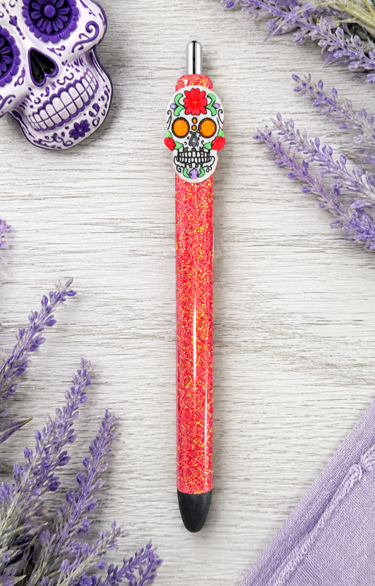 Handmade Orange Sugar Skull glitter pen with free refills