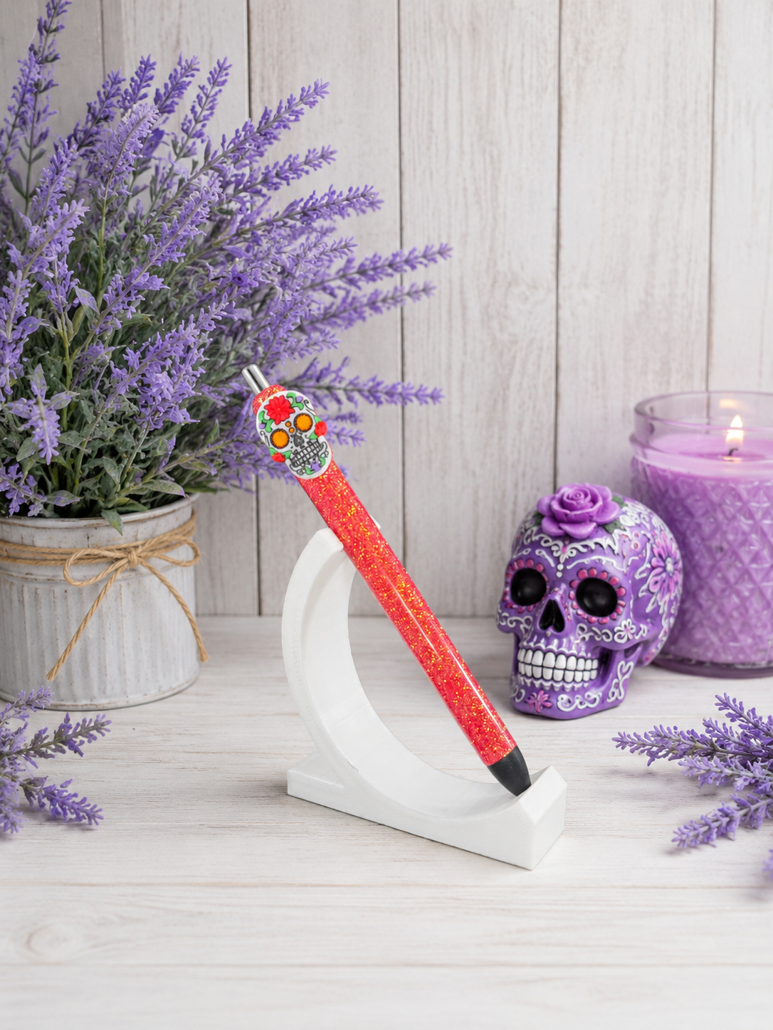 Handmade Orange Sugar Skull glitter pen with free refills