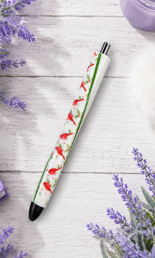 Handmade Winter Cardinals glitter pen with free refill 4