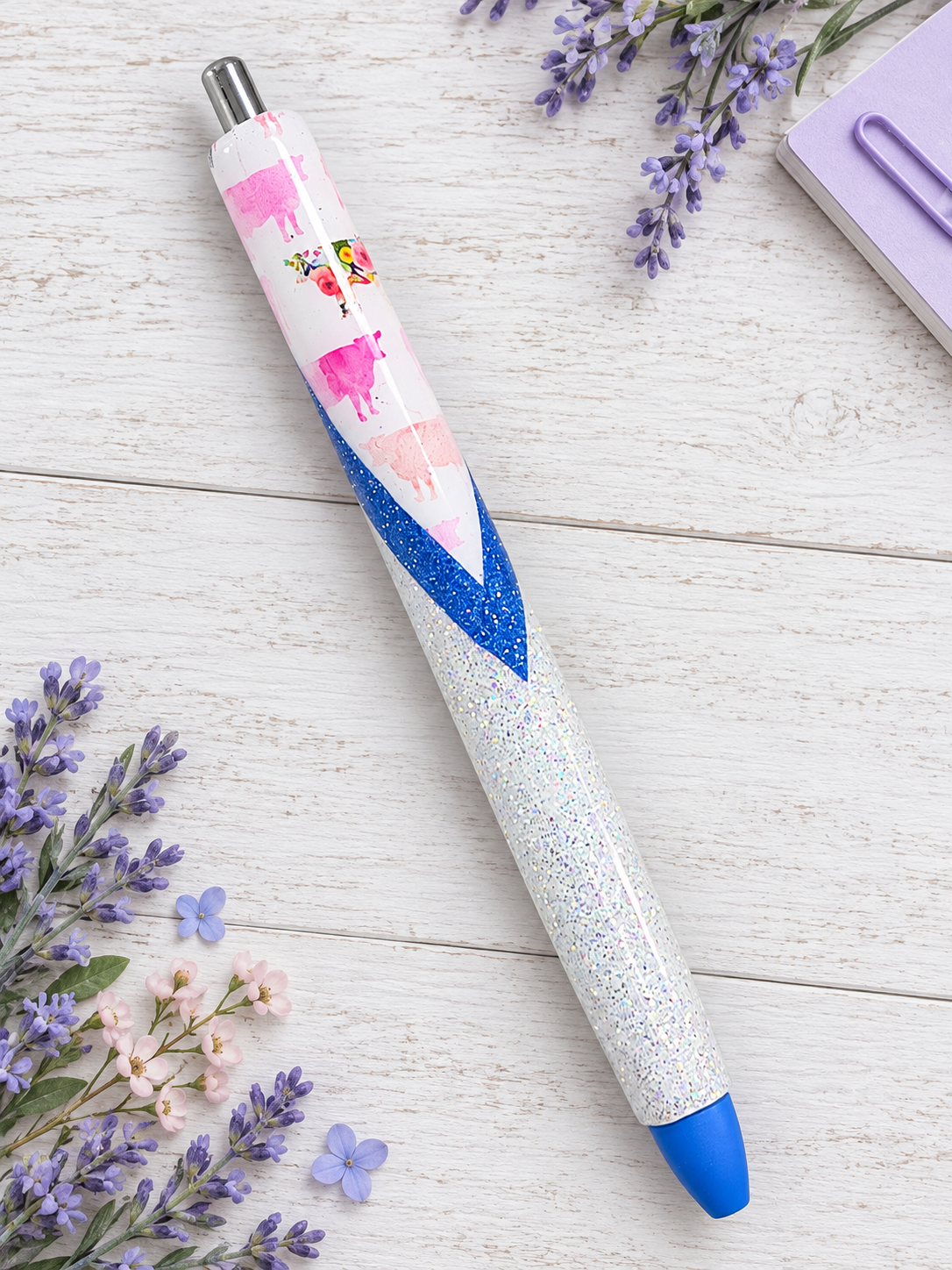 Handmade Pretty Pink Cows glitter pen with free refill 3