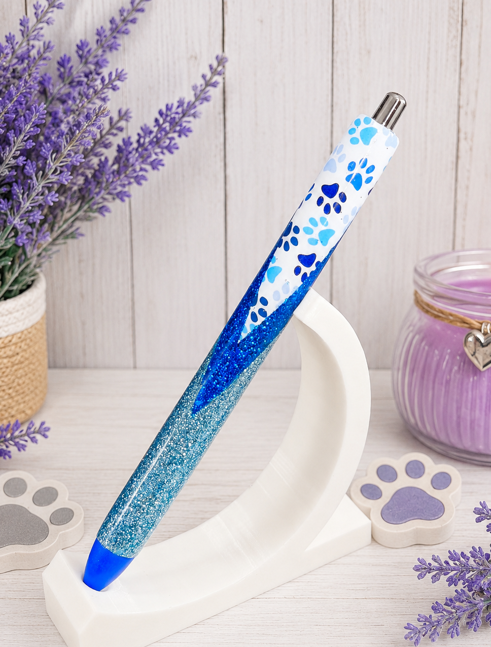 Handmade Blue Dog Paws vinyl wrap glitter pen with free refill