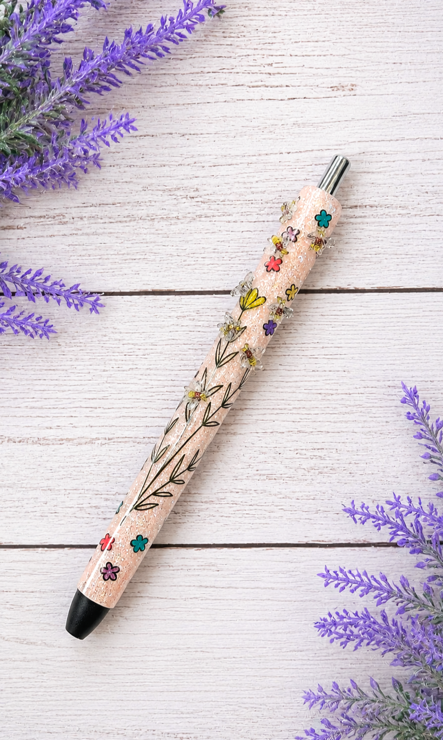 Handmade Mini Bumblebees on Peach glitter pen with free refill