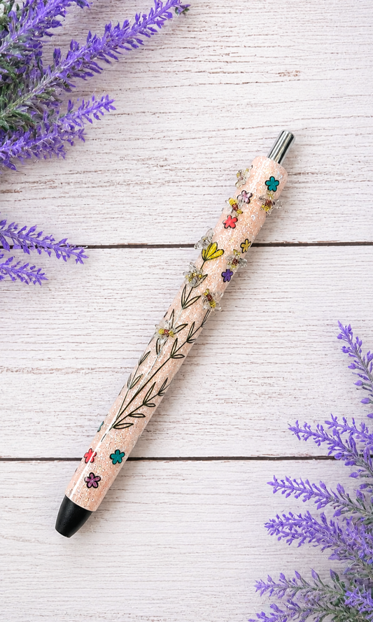 Handmade Mini Bumblebees on Peach glitter pen with free refill