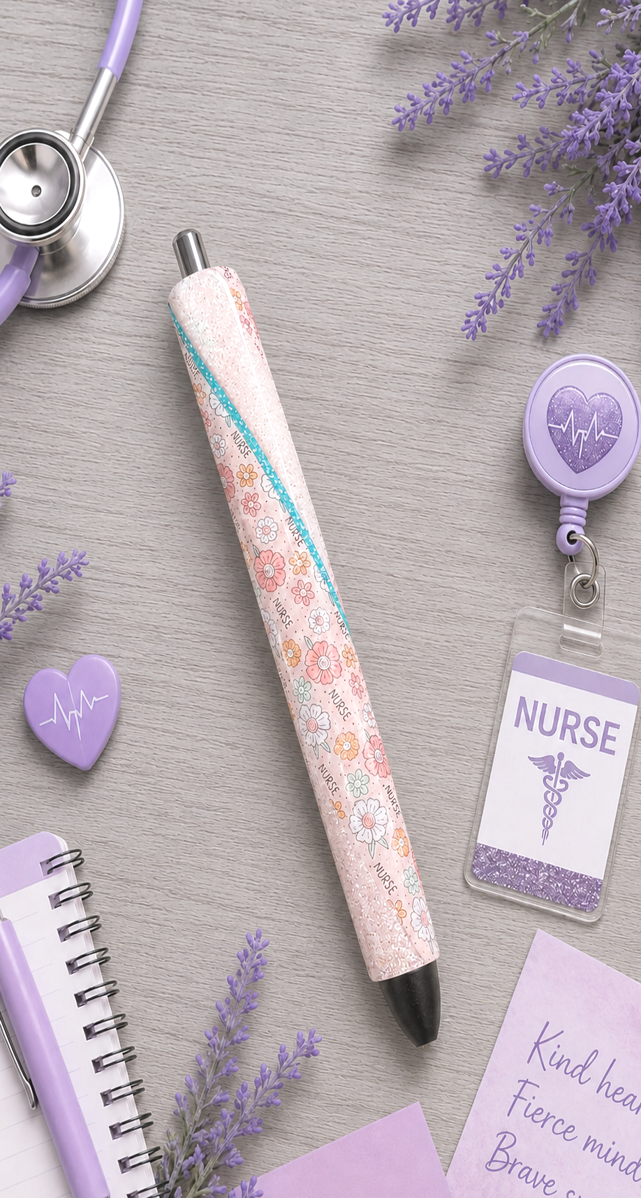 Handmade Nurse vinyl with flowers glitter pen with free refill
