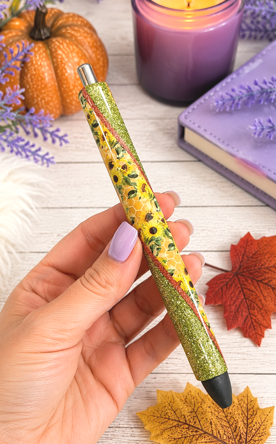 Handmade Fall Sunflowers glitter pen with free refill