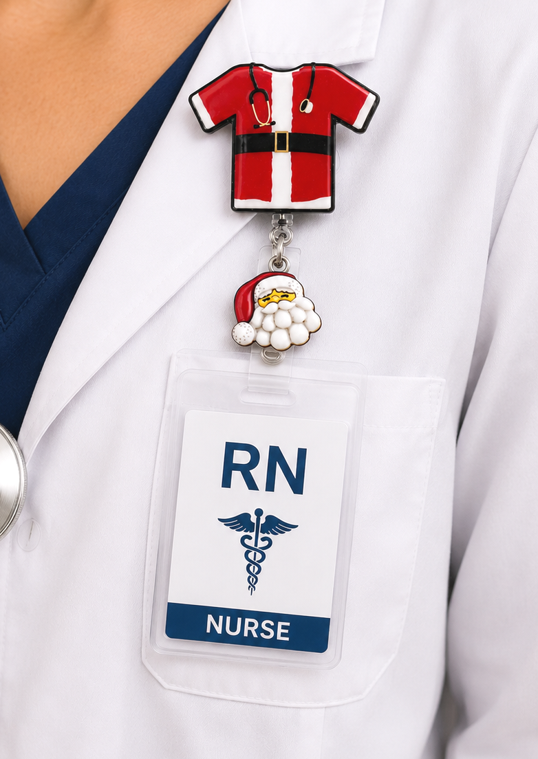 Handmade Santa Scrub Top Badge Reel
