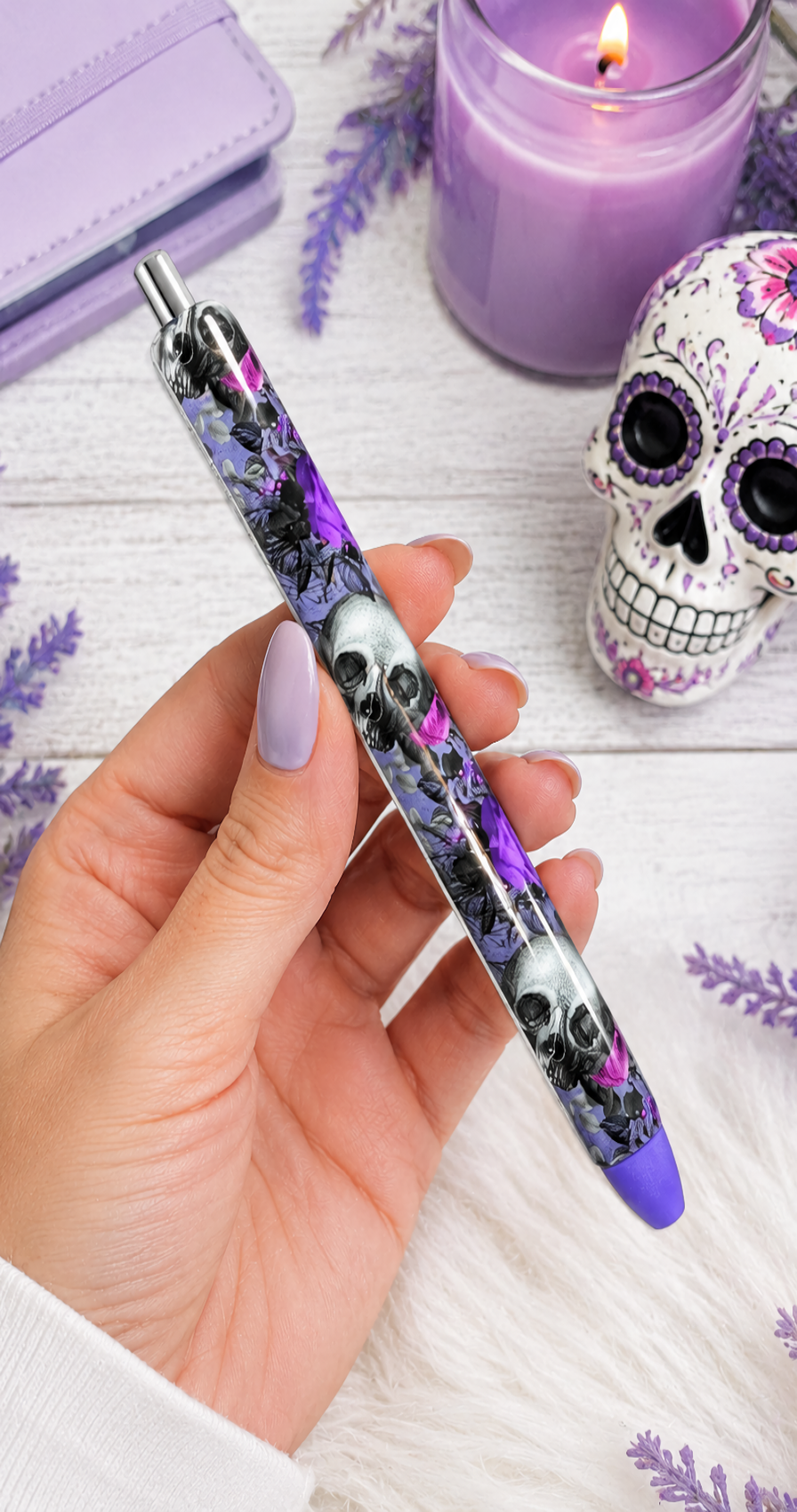 Handmade Halloween Purple Skulls glitter pen with free refill