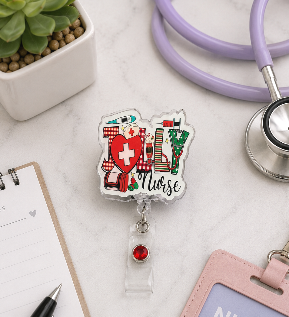 Handmade Christmas Jolly Nurse Badge Reel