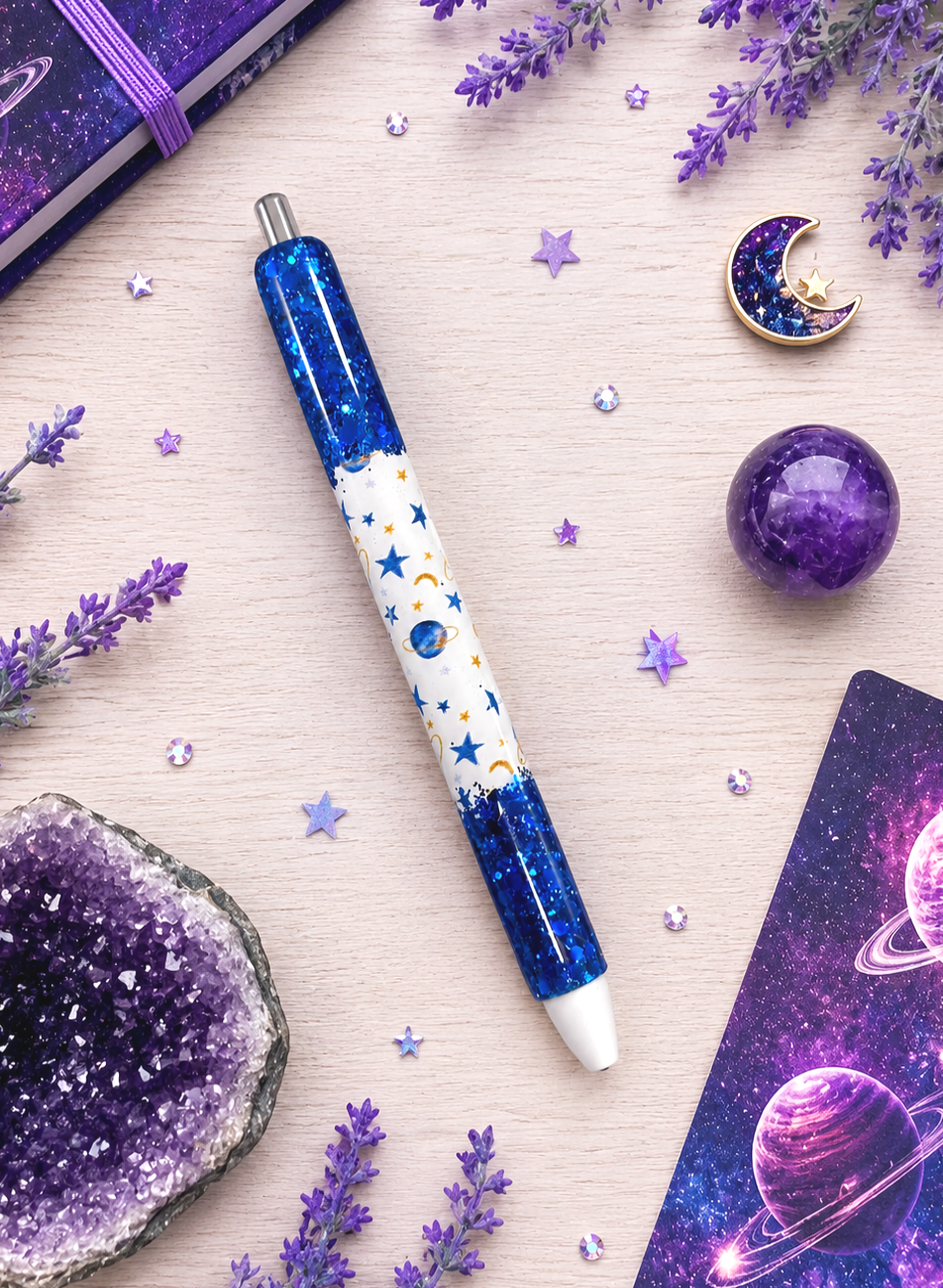 Handmade Planets and Space with blue glitter pen with free refill