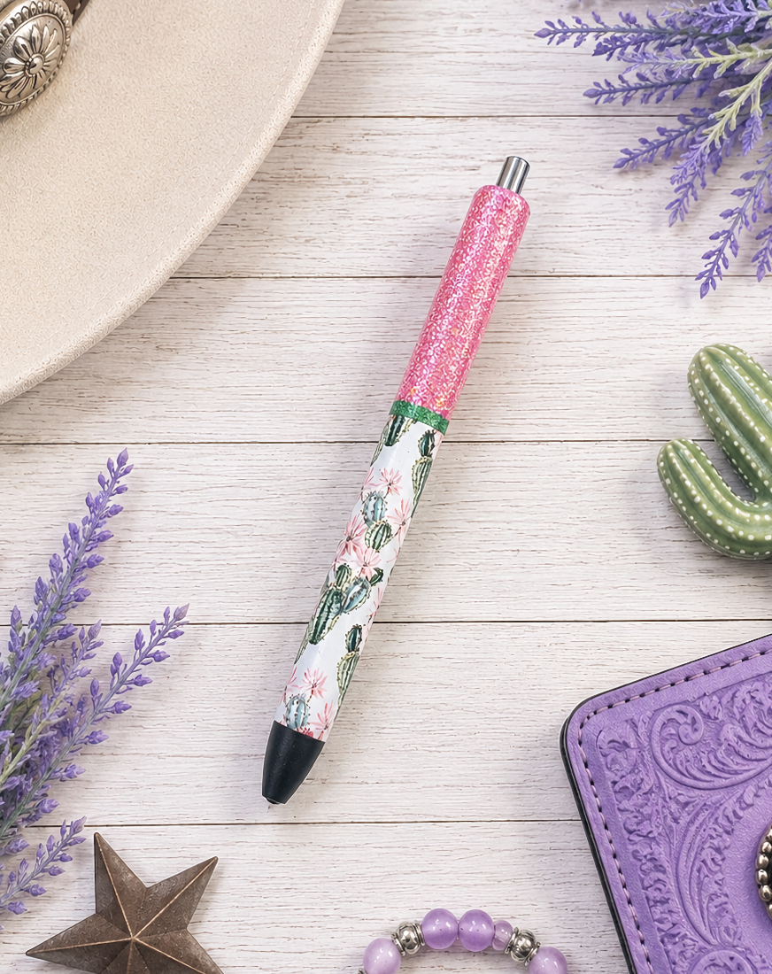 Handmade Watercolor cactus with dusty rose glitter pen with free refill