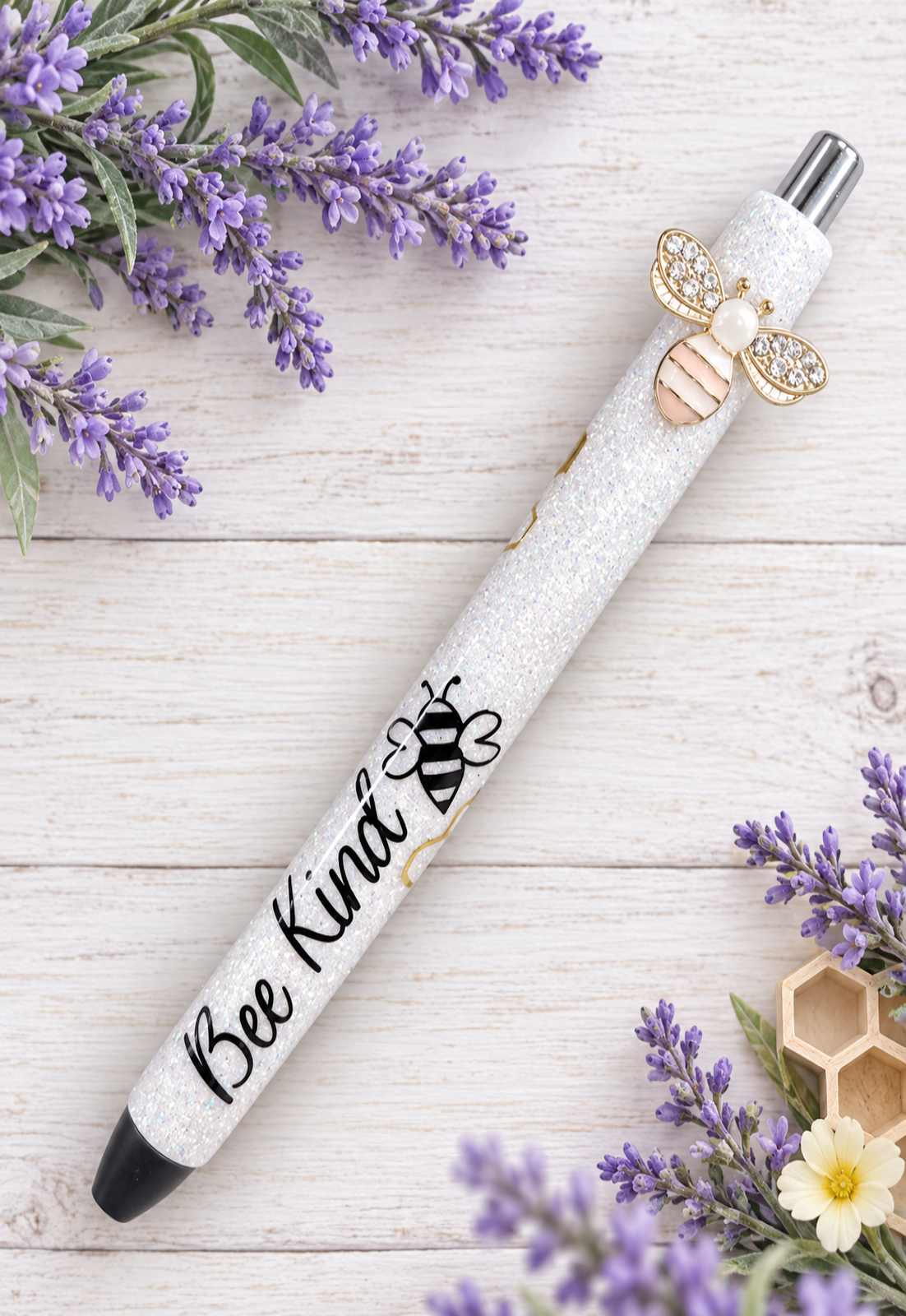 Handmade Bee Kind glitter pen with free refill