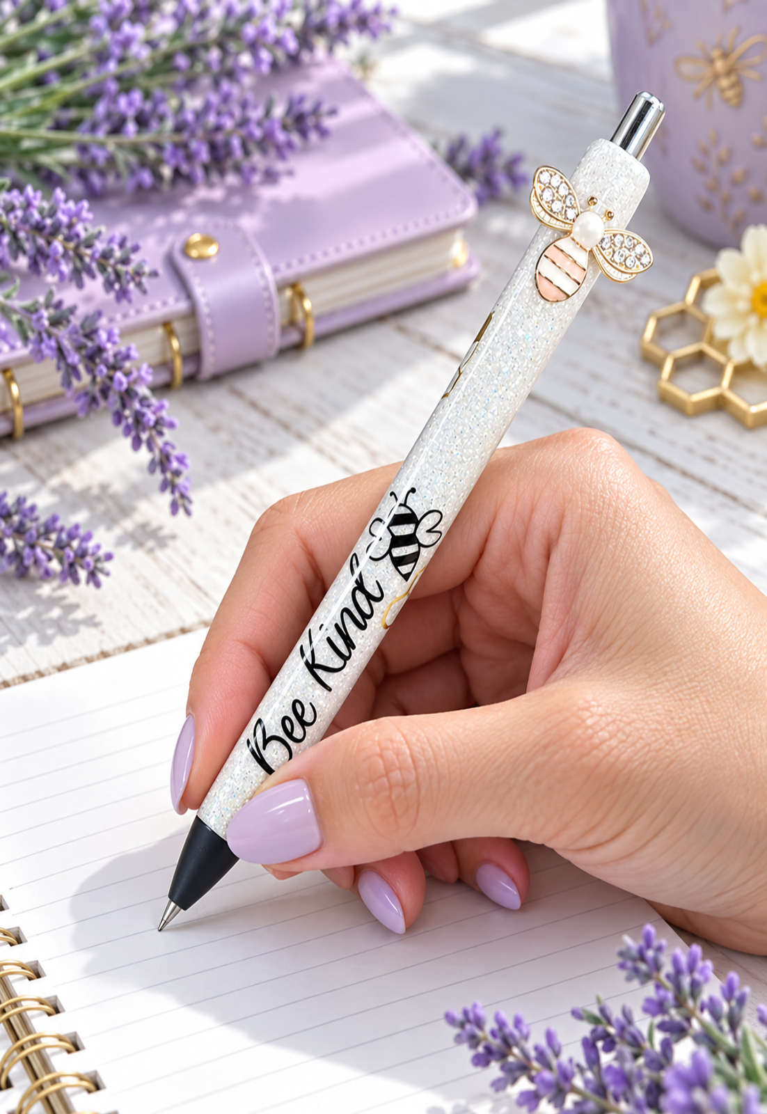 Handmade Bee Kind glitter pen with free refill