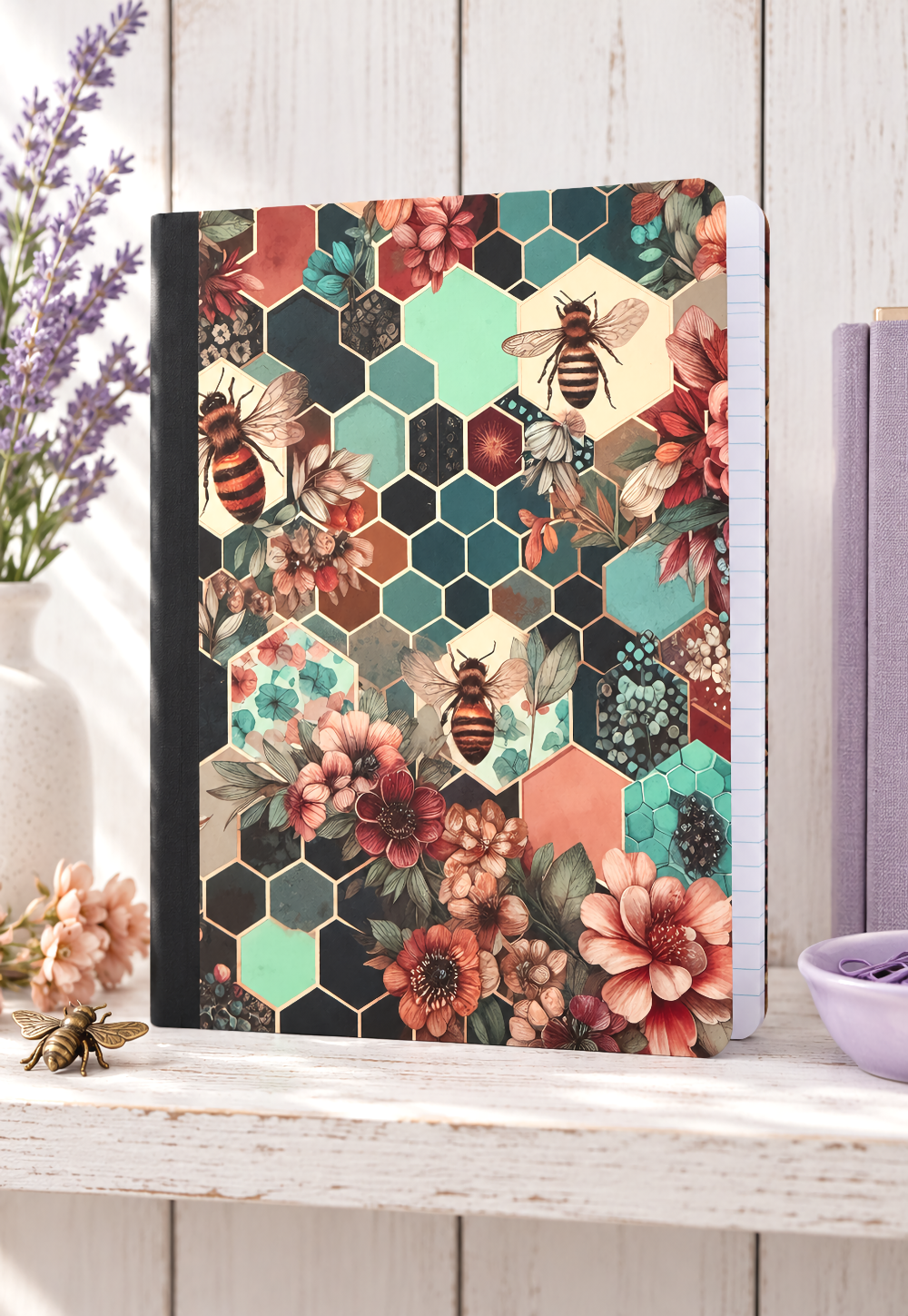 Decorative Vinyl Covered Composition Notebook Floral Bees