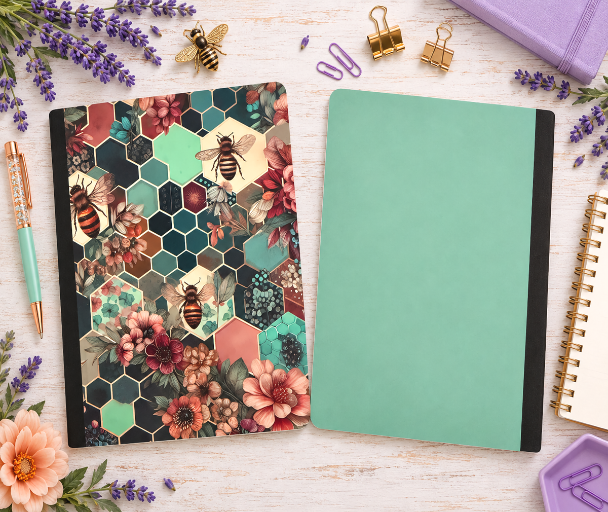 Decorative Vinyl Covered Composition Notebook Floral Bees
