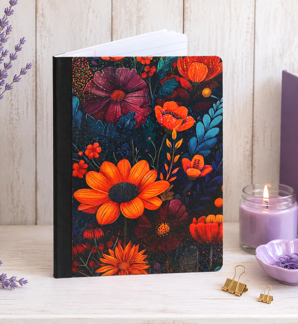 Decorative Vinyl Covered Composition Notebook Holographic Red Flowers