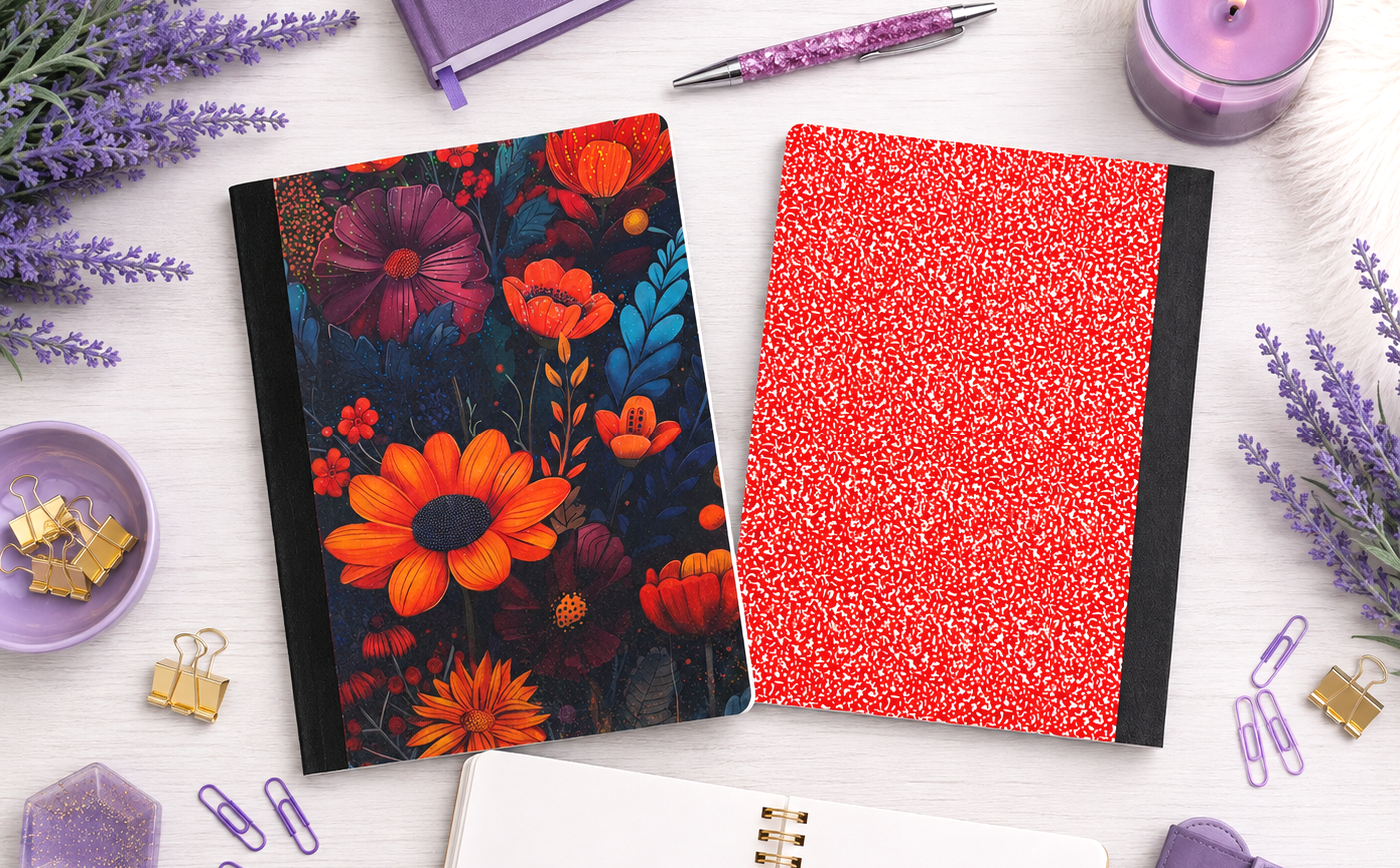 Decorative Vinyl Covered Composition Notebook Holographic Red Flowers