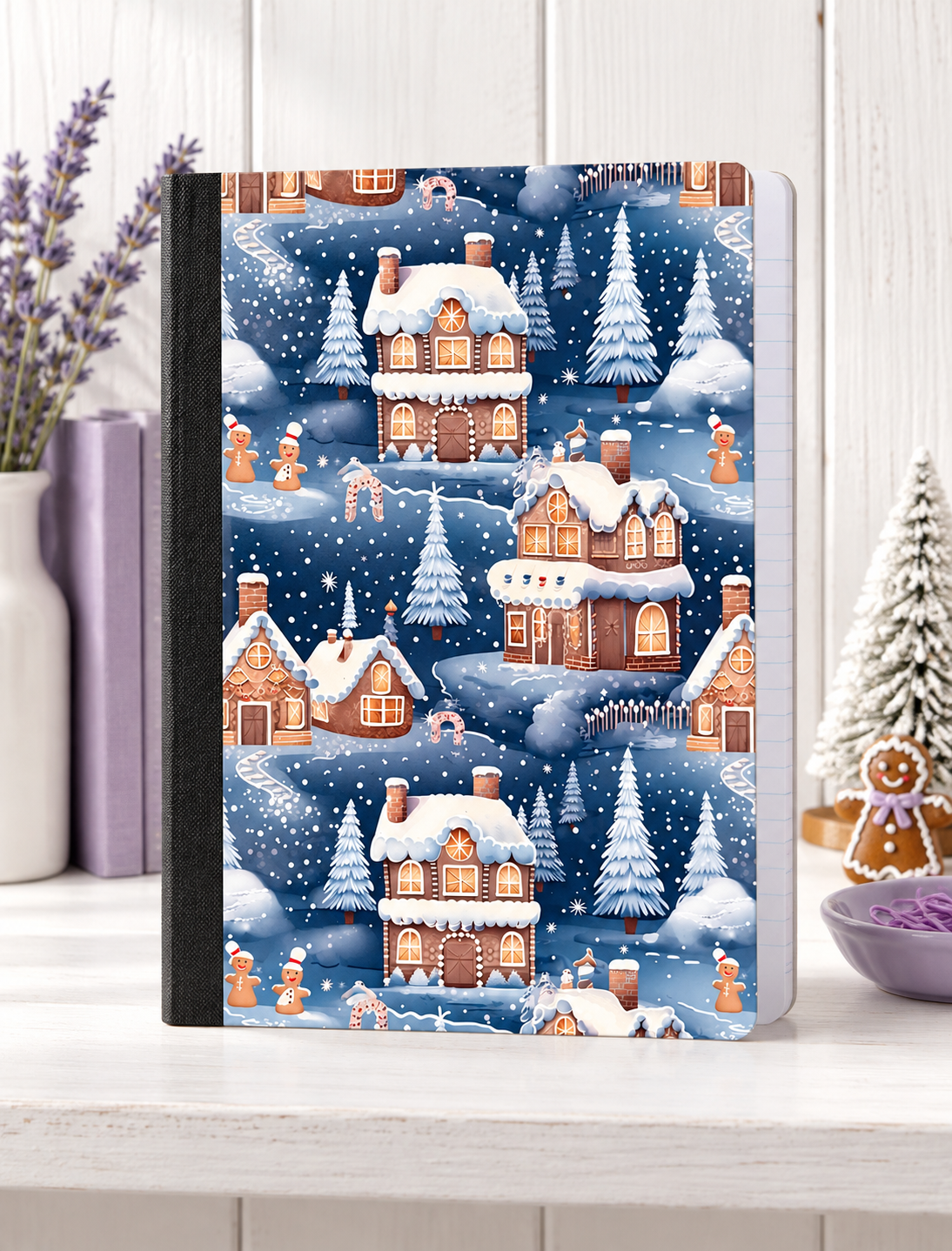 Decorative Vinyl Covered Composition Notebook Blue Gingerbread Village