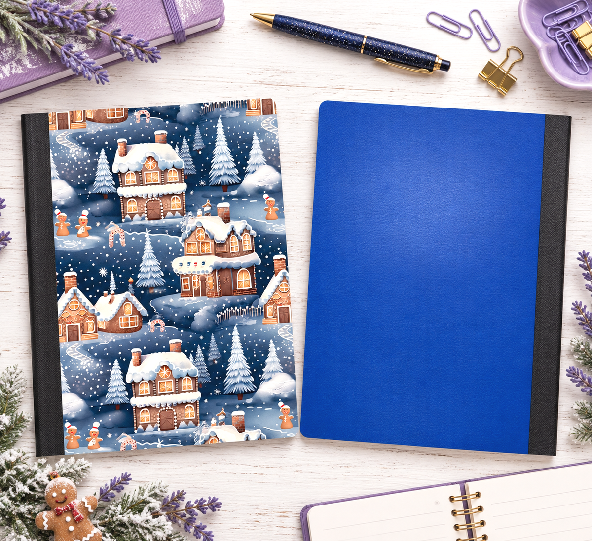 Decorative Vinyl Covered Composition Notebook Blue Gingerbread Village