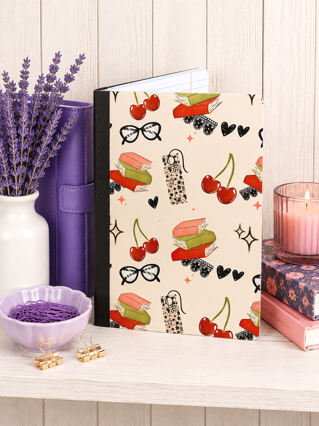Decorative Vinyl Covered Composition Notebook Books and Cherries
