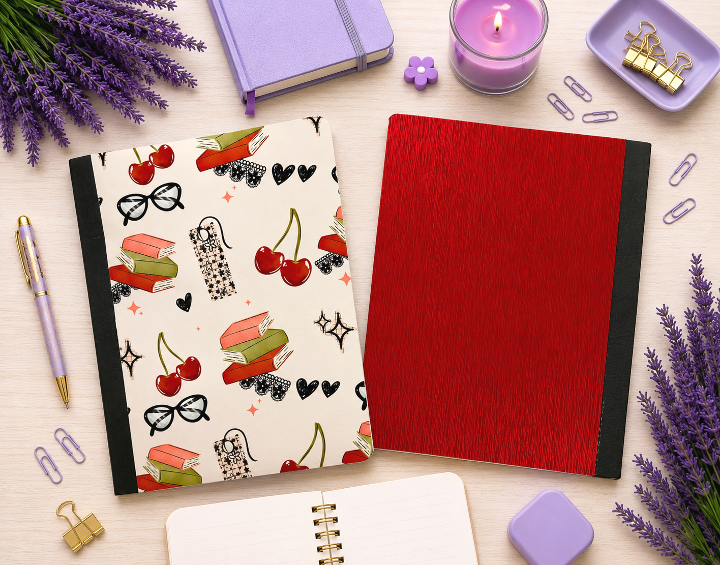 Decorative Vinyl Covered Composition Notebook Books and Cherries