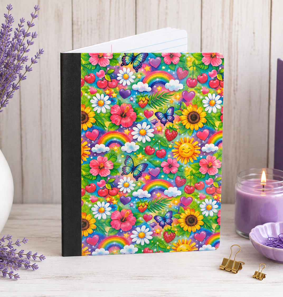 Decorative Vinyl Covered Composition Notebook Holographic Bright Flowers