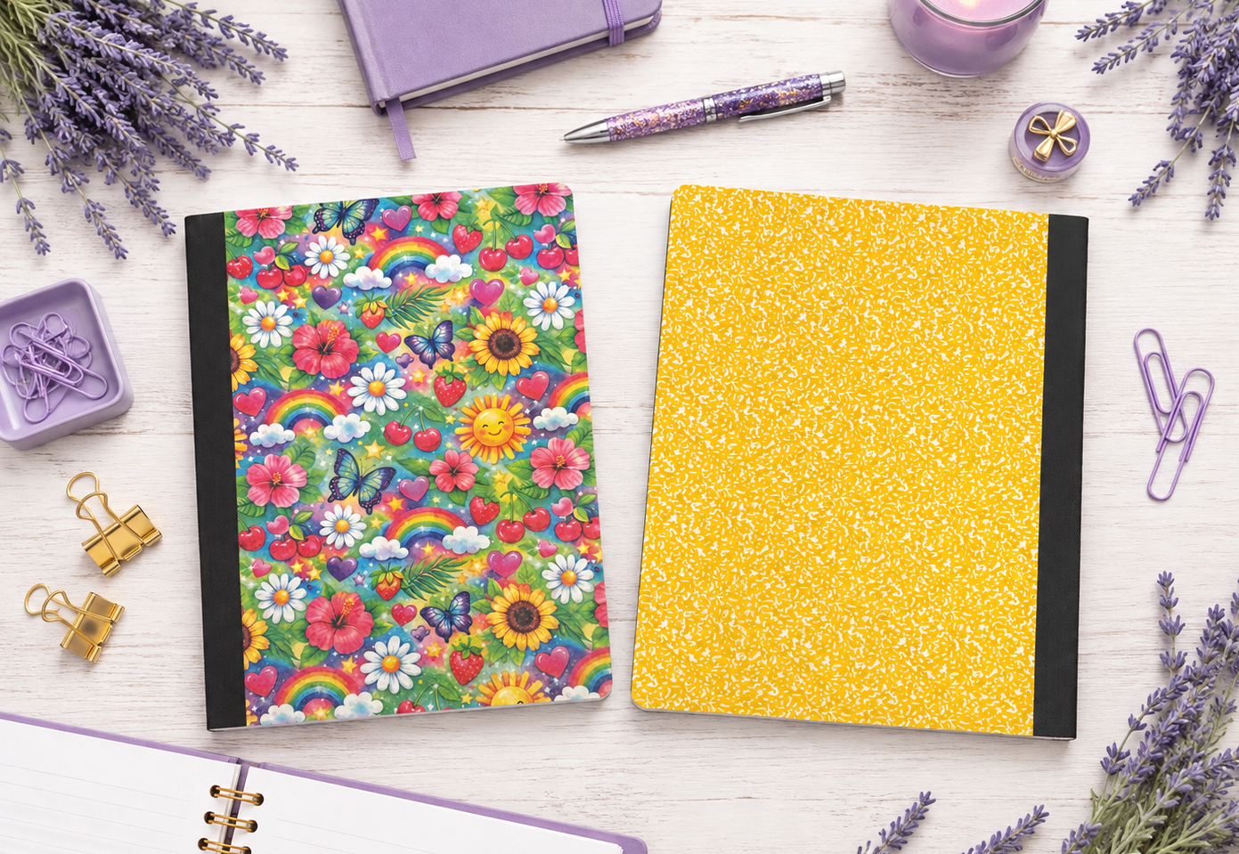 Decorative Vinyl Covered Composition Notebook Holographic Bright Flowers