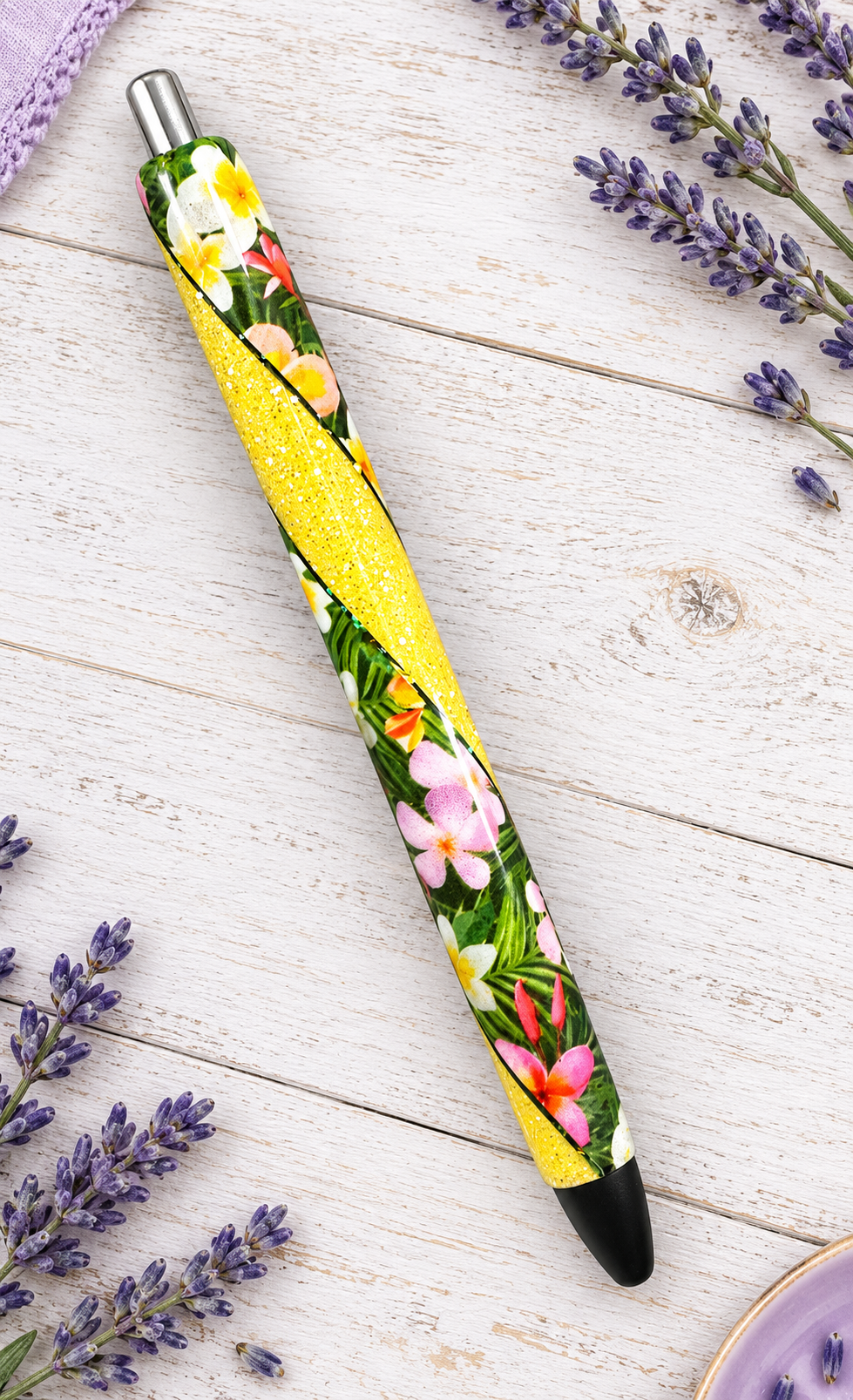 Handmade Tropical Flowers around Yellow  glitter pen with free refill