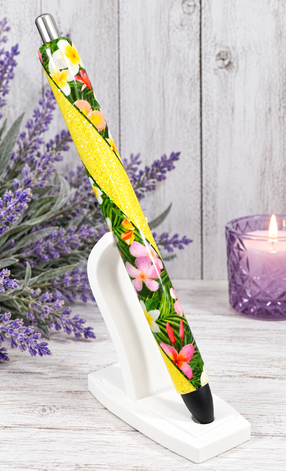 Handmade Tropical Flowers around Yellow  glitter pen with free refill