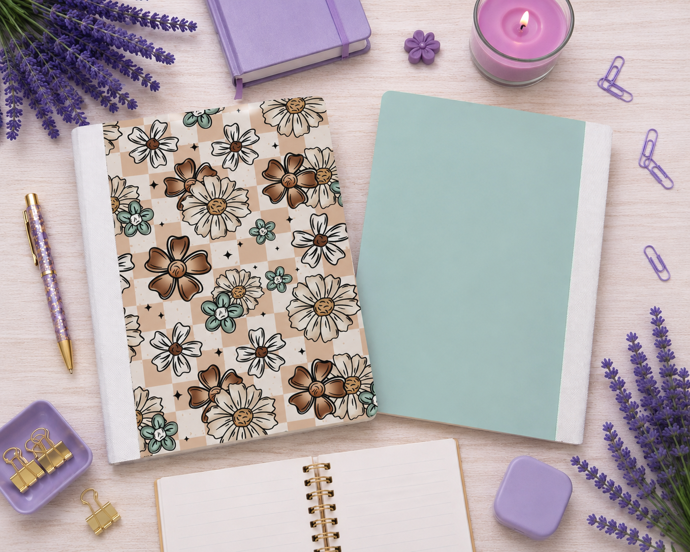 Decorative Vinyl Covered Composition Notebook Brown and Aqua Flowers
