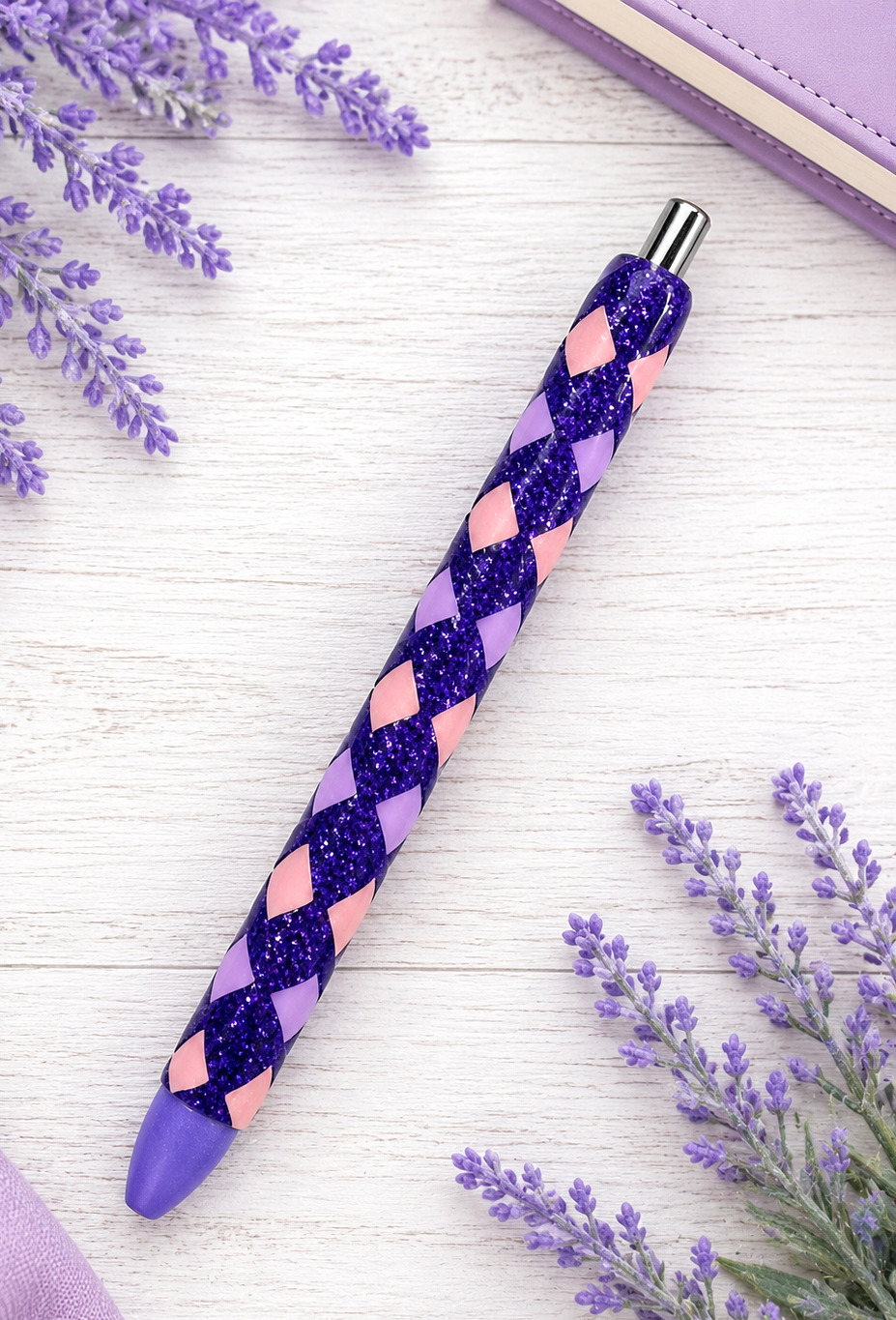 Handmade Pink and Purple Zig Zag glitter pen with free refill
