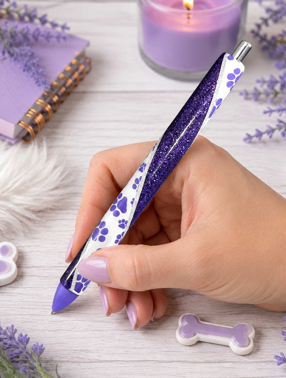 Handmade Dog Paws on Purple glitter pen with free refill