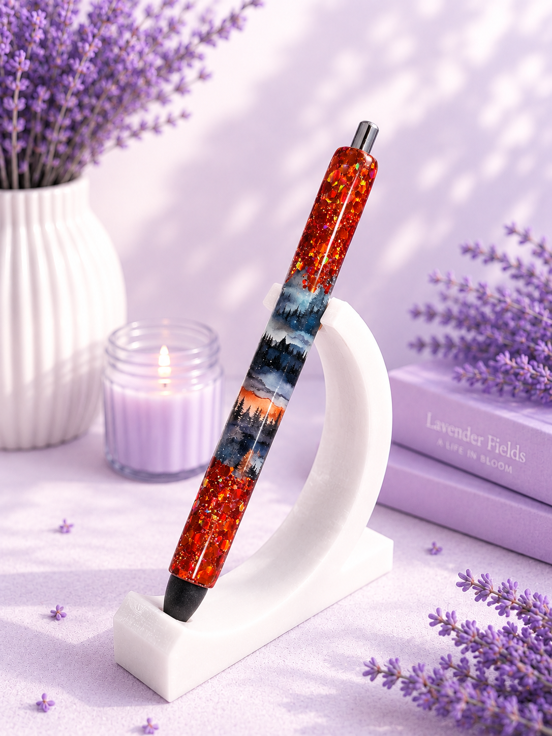 Handmade Orange Peek a Boo Twilight Mountain Scape glitter pen with free refill