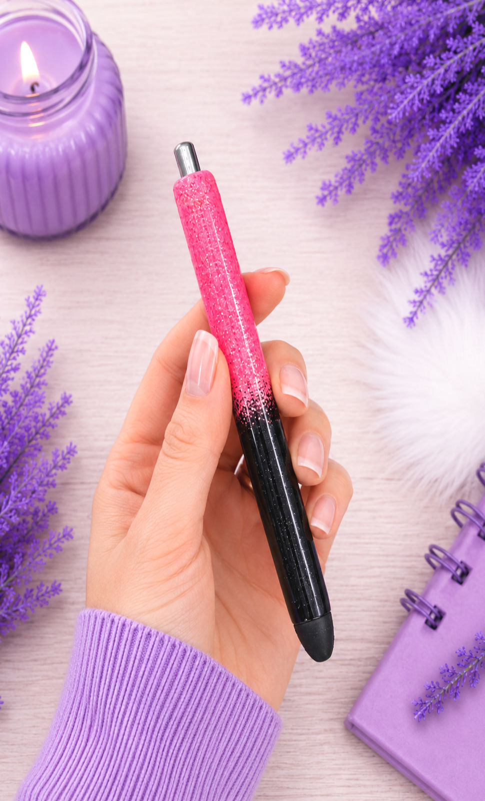 Handmade Hot Pink and Black ombre glitter pen with free refill