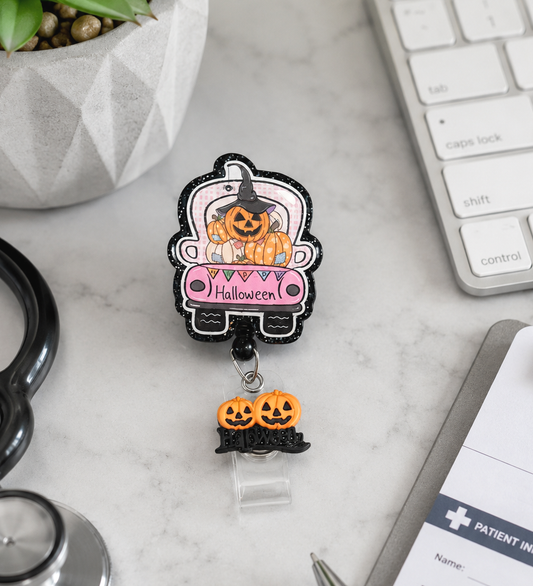 Handmade Pumpkins in a Truck  Halloween Badge Reel
