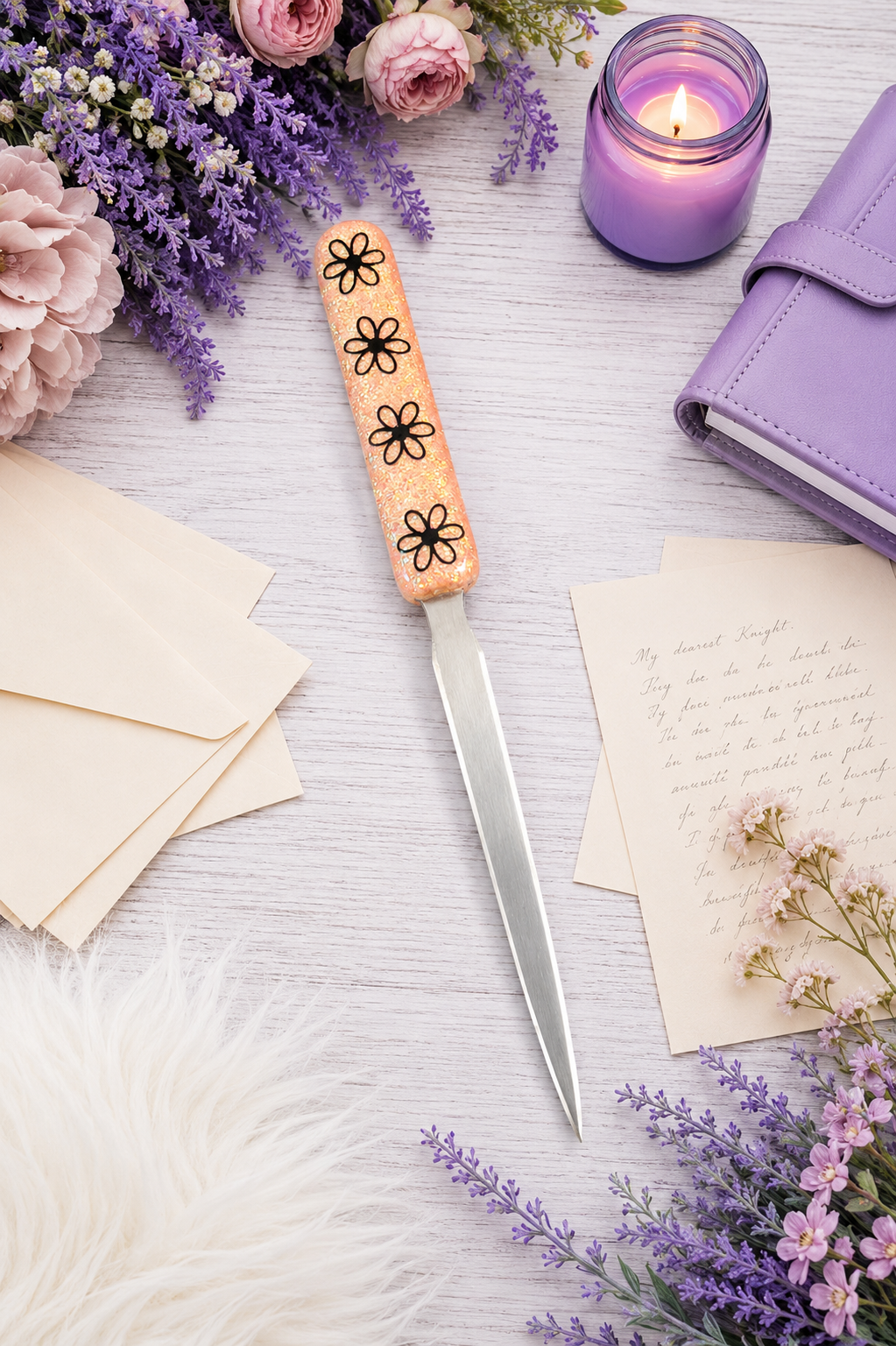 Handmade Daisies on Peach Glitter Letter Opener