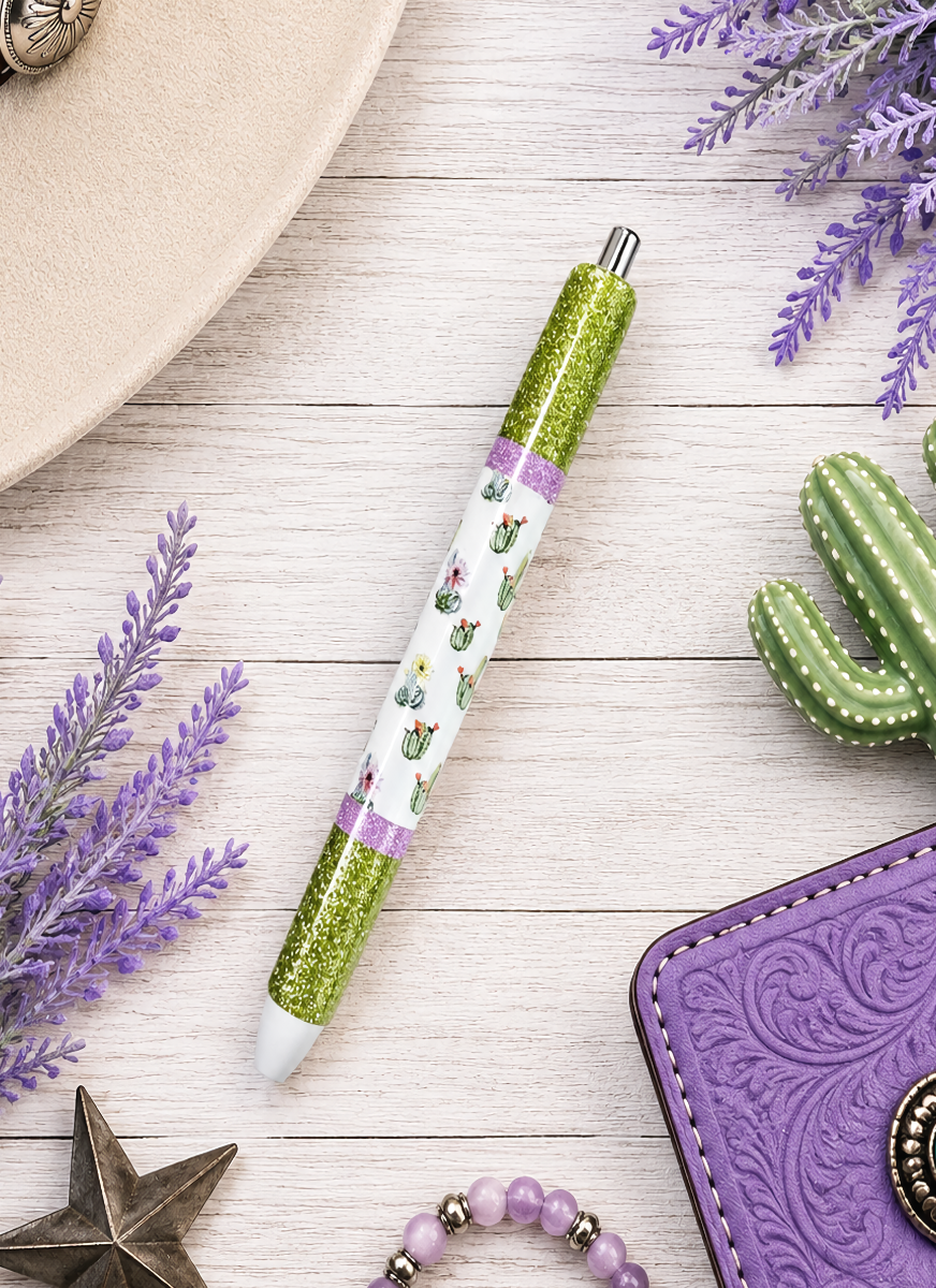 Handmade Blooming Watercolor Cactus on olive green glitter pen with free refill