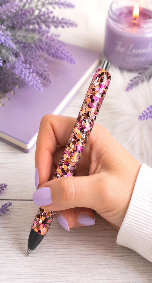 Handmade Pink Orange Black  glitter pen with free refill